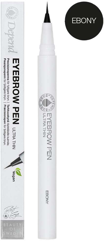 A white eyebrow pen with black tip and packaging that says 'Eyebrow Pen' and 'EBONY' in a black circle.