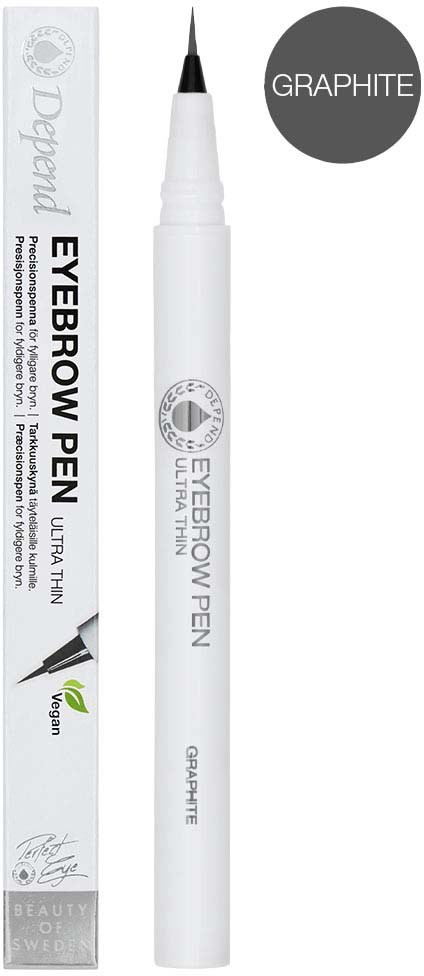 A white pen with a pointed tip and gray circle label showing 'GRAPHITE' beside a box labeled 'EYEBROW PEN'.