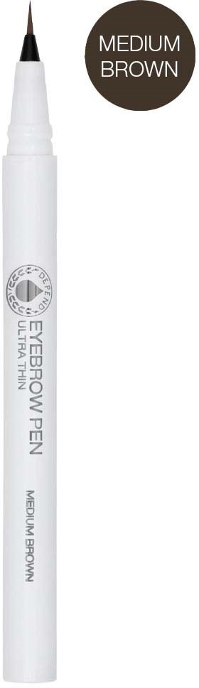 A white pen with a fine tip labeled "Eyebrow Pen" and color "Medium Brown."