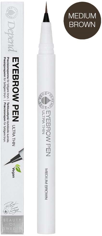 A white eyebrow pen with a fine tip, medium brown color, and packaging showing it is vegan and gentle.