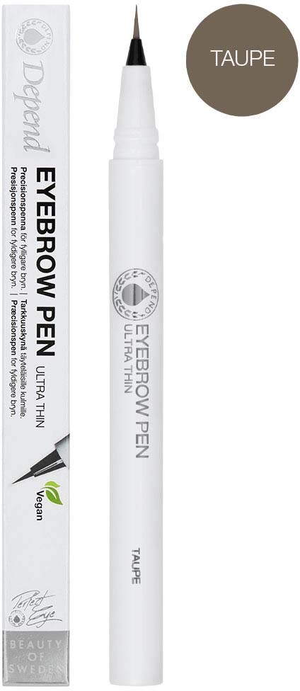 A white eyebrow pen with a fine tip and packaging showing the brand and color taupe.