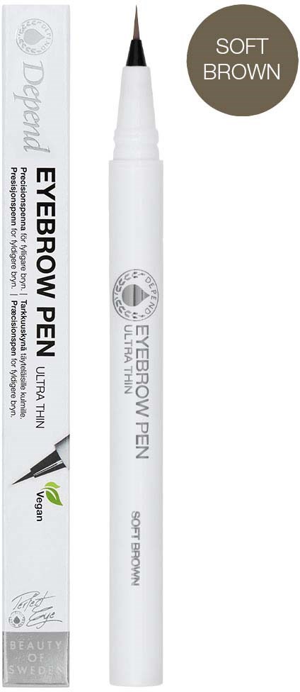 An eyebrow pen with a fine tip, white body, and soft brown color label, shown beside its box.
