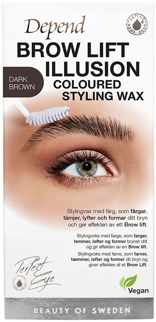 A woman’s eye with well-defined eyebrow, promotional package for brow lift illusion wax in dark brown, vegan, from Sweden.