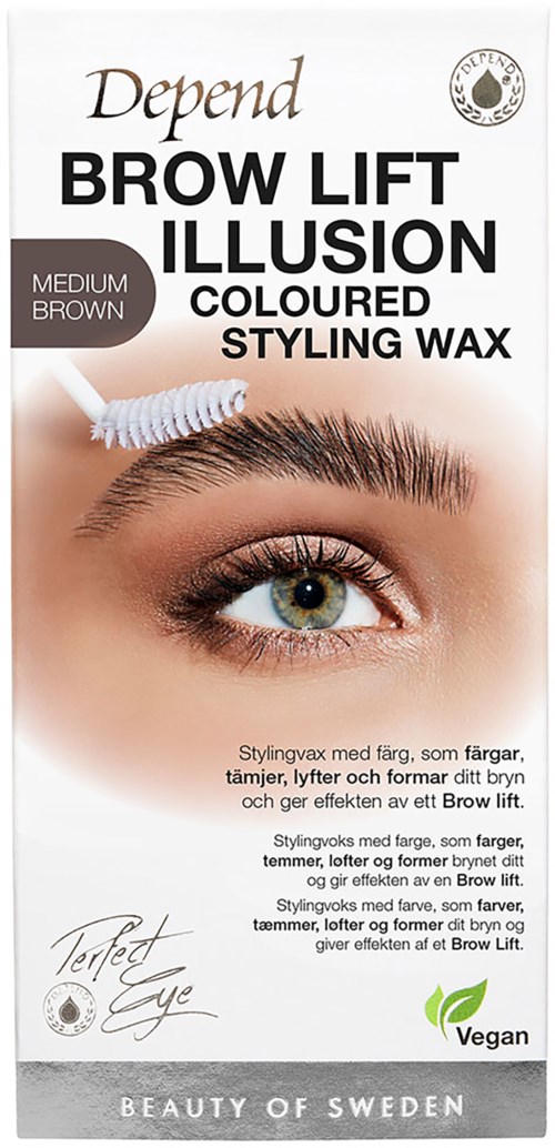 Ein Augenbrauen-Lift-Illusions-Stylingwachs in mittlerem Braun, Nahaufnahme eines Auges und Augenbraue mit Produkt.