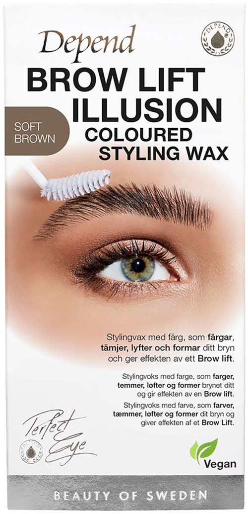 A box of brow lift illusion wax in soft brown color with an eye illustration and text describing its use and benefits.