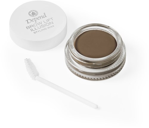 A small jar of brow lifting gel with an applicator wand and a lid showing the brand 'Depend'.