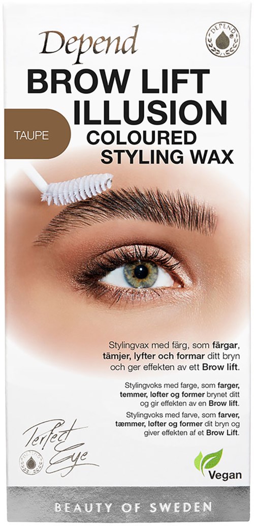 Brow lift gel for coloring, shaping, and lifting eyebrows, vegan, from Sweden, with a brush applicator, on a white background.