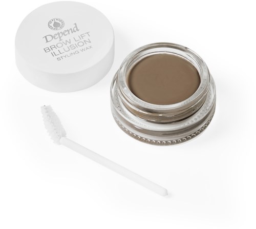 A small jar of brow lift waxing with an applicator stick and a lid. The product name is on the lid.