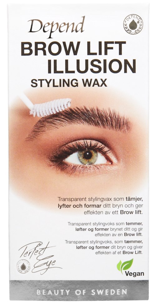 Box with eyebrow lifting styling wax. Shows a woman's eye and brow. Text explains its benefits for eyebrows.