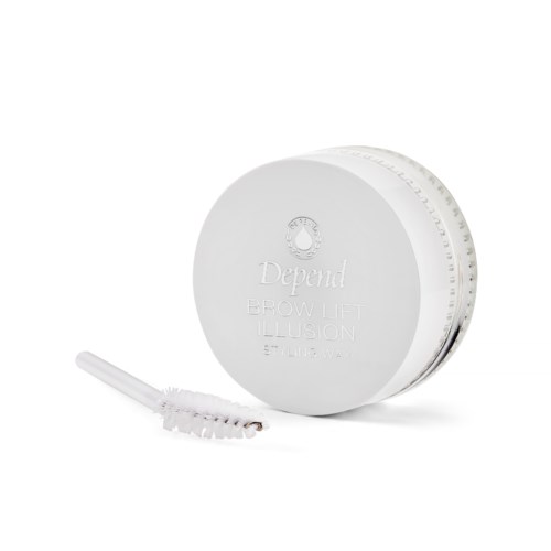 A white jar labeled 'Depend Brow Lift Illusion' with a small applicator brush beside it.