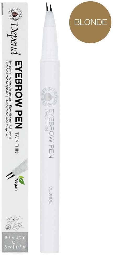 A white eyebrow pen with a dual tip and a gold 'BLONDE' label, packaging includes product details and eco-friendly logo.