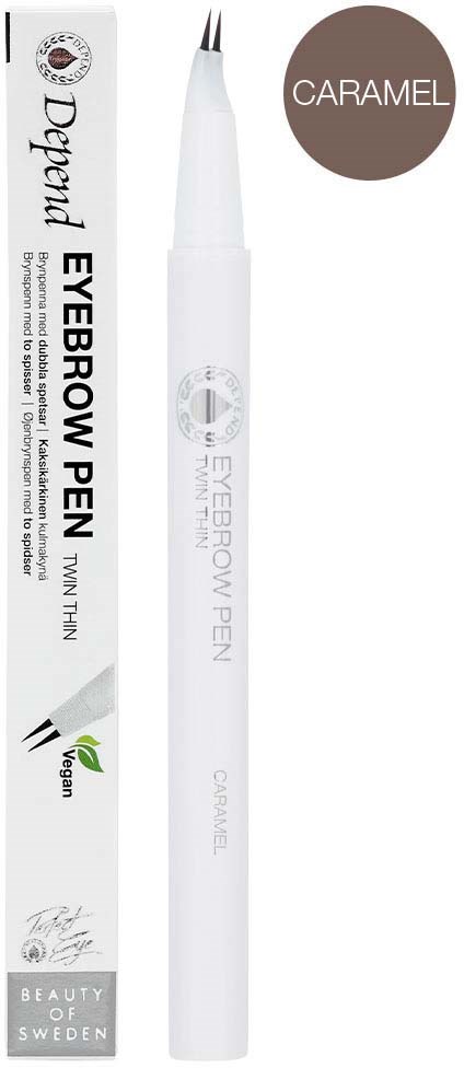 A white eyebrow pen with a dual-tip, called Caramel, with its packaging showing details and a green vegan label.