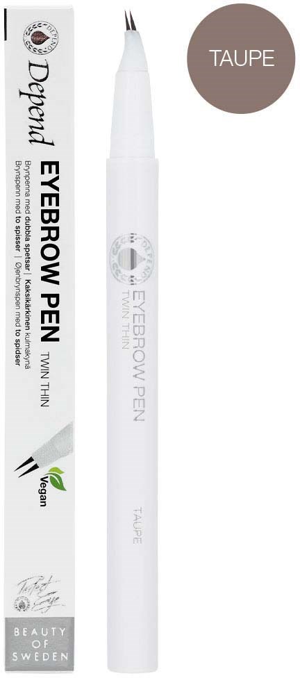 A white eyebrow pen with a brown circle labeled "TAUPE". The pen is mainly white with silver accents and text.