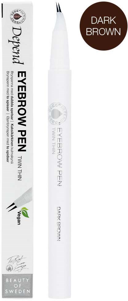 A white eyebrow pen with black ink tip, packaging shows it is for dark brown eyebrows, with eco-friendly label and Swedish brand.