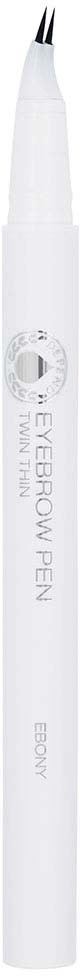 A white eyebrow pen with a fine tip, and markings for eyebrow shaping on the side.