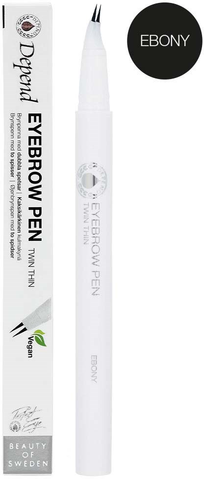 A white eyebrow pen with black text on the pen and box, labeled 'EBONY' and 'Depland'.