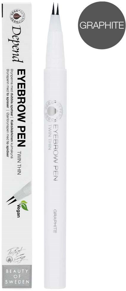 A white eyebrow pen with two tips, packaging shows it's vegan, includes text and a logo, and mentions graphite.