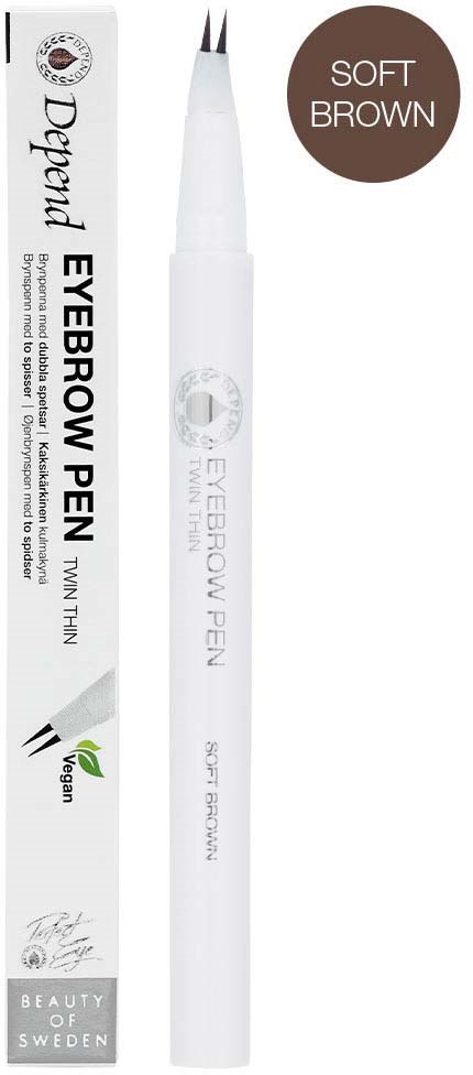 A white eyebrow pen with a fine tip and a brown label indicating the color "Soft Brown".