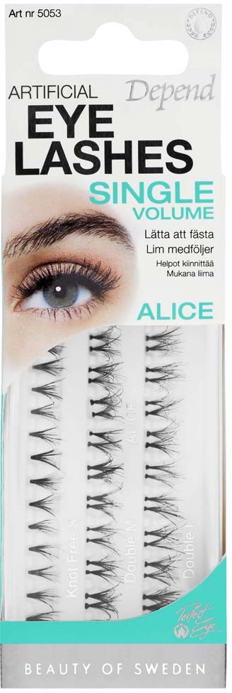 Single volume pack of artificial eyelash clusters named Alice, with a photo of a woman’s eye on the packaging.