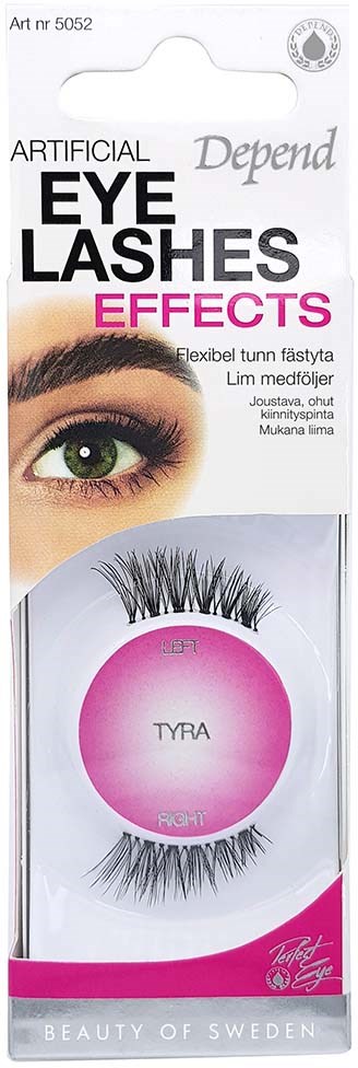 Artificial eyelashes with black long, thick, and curved fibers on a pink and white package, featuring a close-up eye.