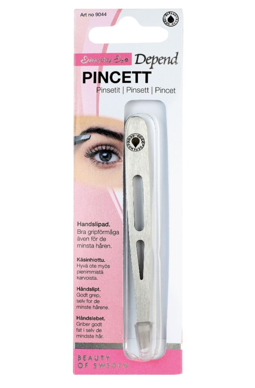 A packaging for a small, curved metal nail pincer with a see-through window, labeled 'Depend Pincett', pink and white colors.