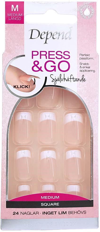 Press-on nails in a box, medium length and square shape, with 24 nails, no glue needed.