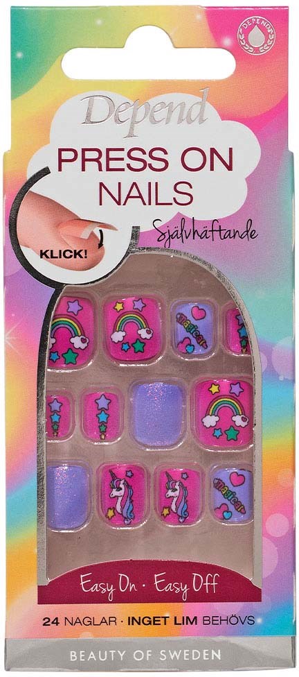 Färgglad förpackning med små nageldekorationer i ett rutnät. Text visar att trycka på naglar och använda enkelt.