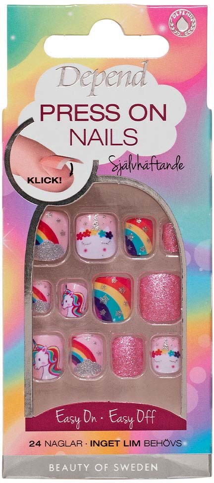 Ett paket med färgglada självklistrande nageldekorationer med regnbågsdesigner och rosa glitter, från Sverige.