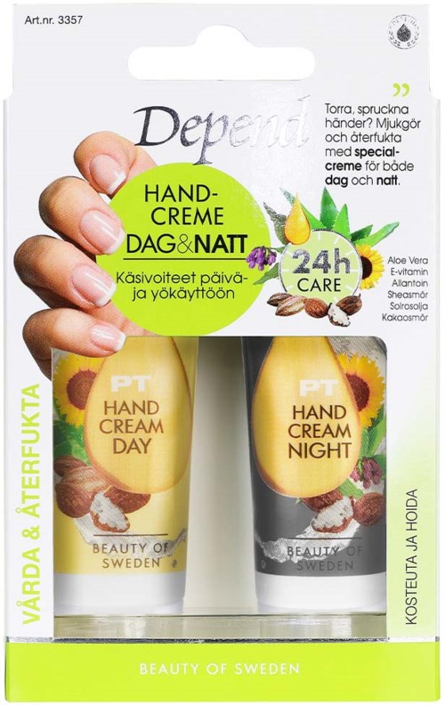 Lip balm package with two creams for day and night, white and yellow bottles, and a green label highlighting 24-hour care.