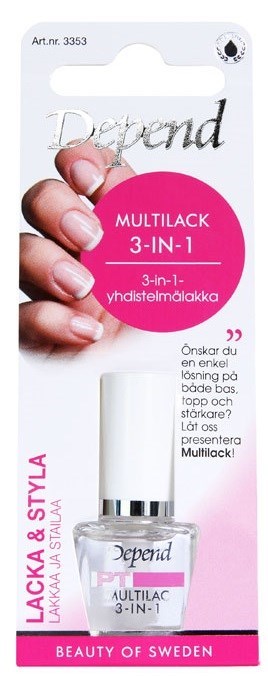 Nail polish bottle with pink label on a white and pink packaging. Extra features for strong nails. Swedish branding.