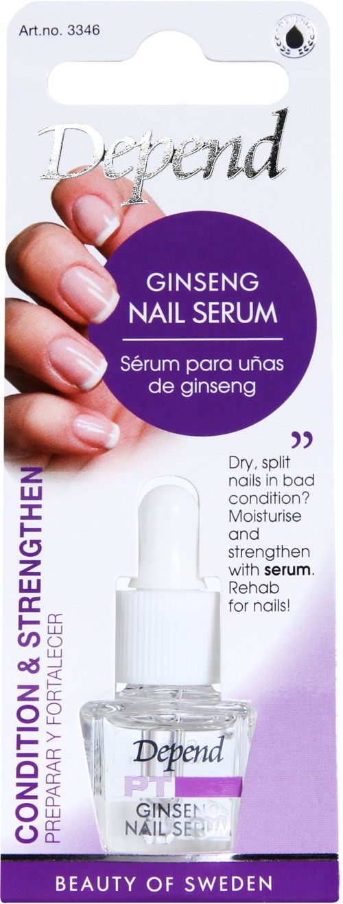A package for Ginseng Nail Serum showing a hand with shiny nails, purple circle with product name, and bottle image.