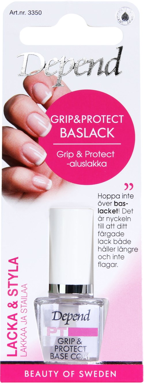 Nagellacksflaska i hand, produktförpackning med rosa och vita färger, text om nagelskydd, svenska språket.