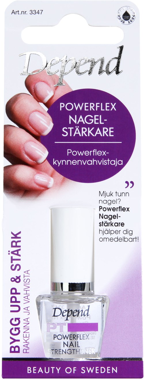 Nagelförstärkare i liten genomskinlig flaska med vit kork, märkt 'Depend Powerflex Nagelstärkare', med en hand som visar naglar.