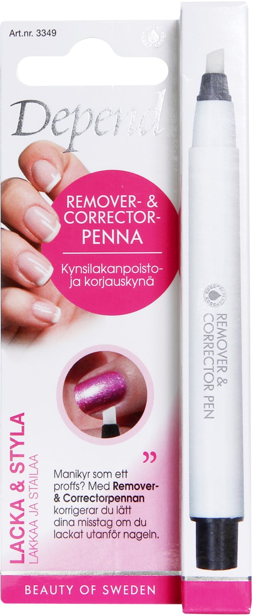 Een witte pen voor het verwijderen en corrigeren van nagellak, met roze en zwarte accenten op de verpakking.