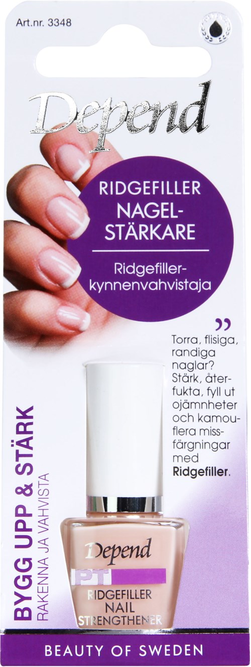 Käsissä on Depend-kynnenvahvistajan pullo, pääasiassa violettia ja valkoista pakkauksessa, teksti suomeksi.