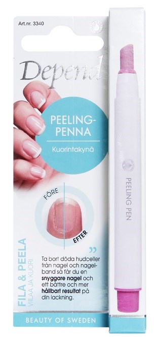 A peeling pen with pink color, packaging shows a hand with healthy nails, and cleaning benefits for nails.