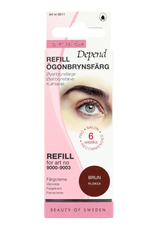 Pink and white packaging for eyebrow color, showing a woman's eye and eyebrow, with details on product use and color.