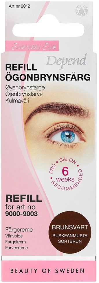 Eine Box für Augenbrauenfarben-Nachfüllung, mit einem blauen Auge, rosa und braunen Farben, in mehreren Sprachen.