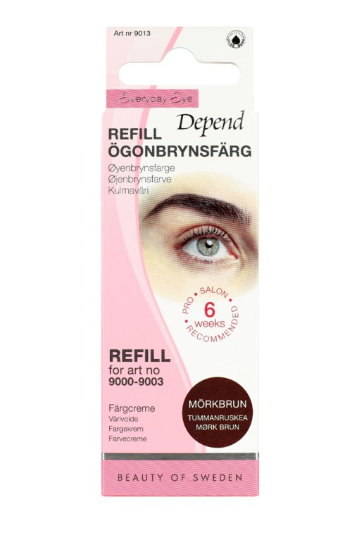 Red-brown eyebrow tint refill box with an eye, text in Swedish, and pink and white design. Designed for eyebrow coloring.