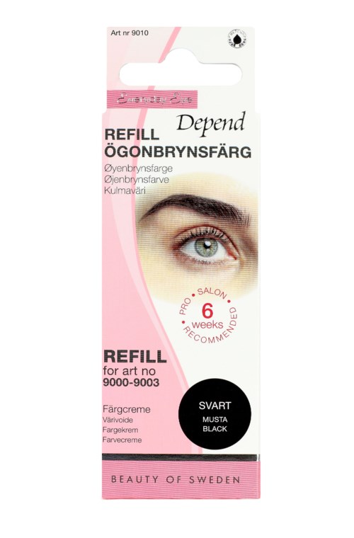 A pink and white refill package for eyebrow color, showing a close-up of an eye with a brown eyebrow, and text details.