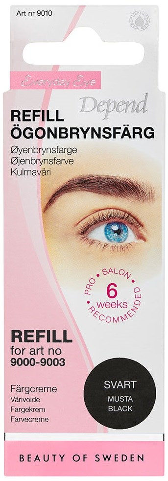 The package shows a blue eye, black eyebrow dye refill product, and text about color and usage instructions.