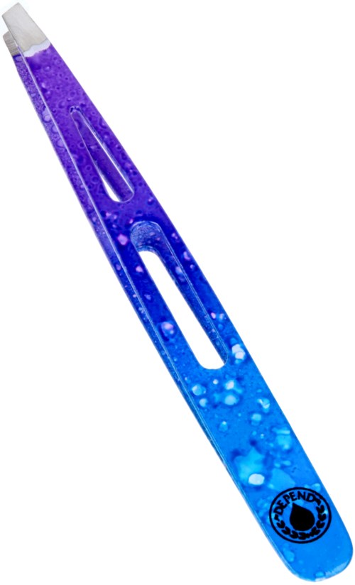 Een teststrip met paarse en blauwe kleuren en bellen, en een logo onderaan.