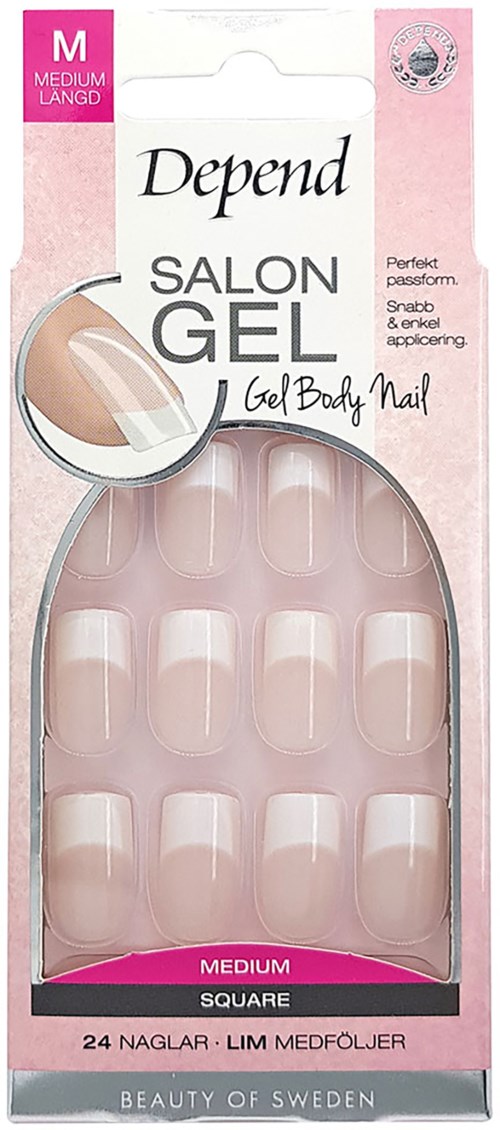 Pink and clear gel nail tips with a small circular window. Packaging says "Depend" and "Salon Gel" for medium square nails.