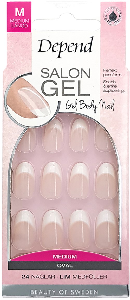 Nail tips in a pink box, labeled as medium size, oval shape, for gel nails, with 24 tips and a glue tube.