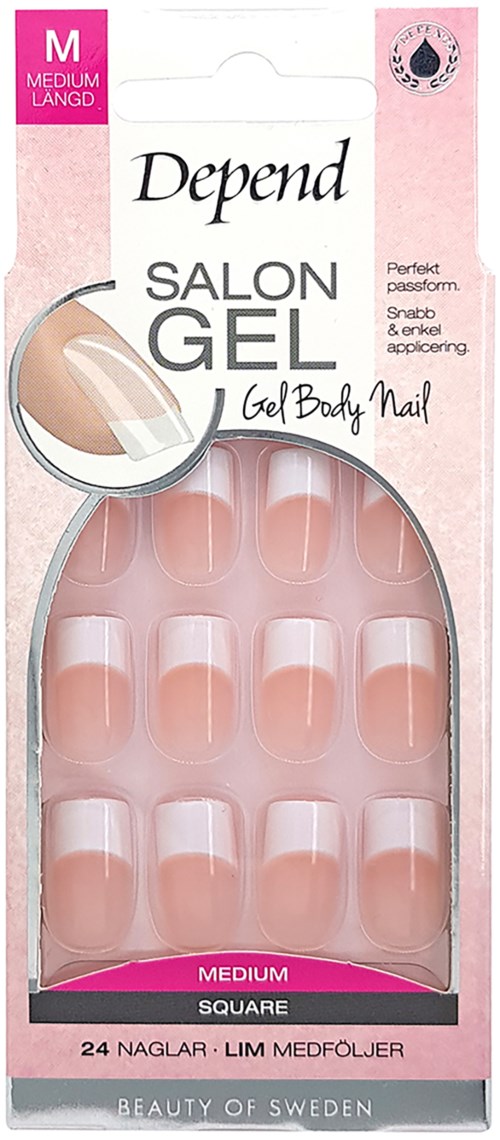 En eske med falske negler i rosa og hvitt, merket "Depend" og "Salon Gel," for mellomstore negler.
