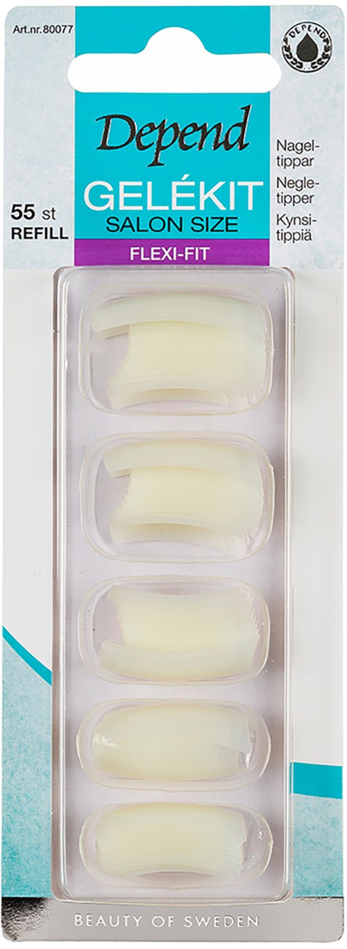 Äkta naglar i en klar plastförpackning, märkt som salongstorlek, med fem uppsättningar i köttfärgad nyans.