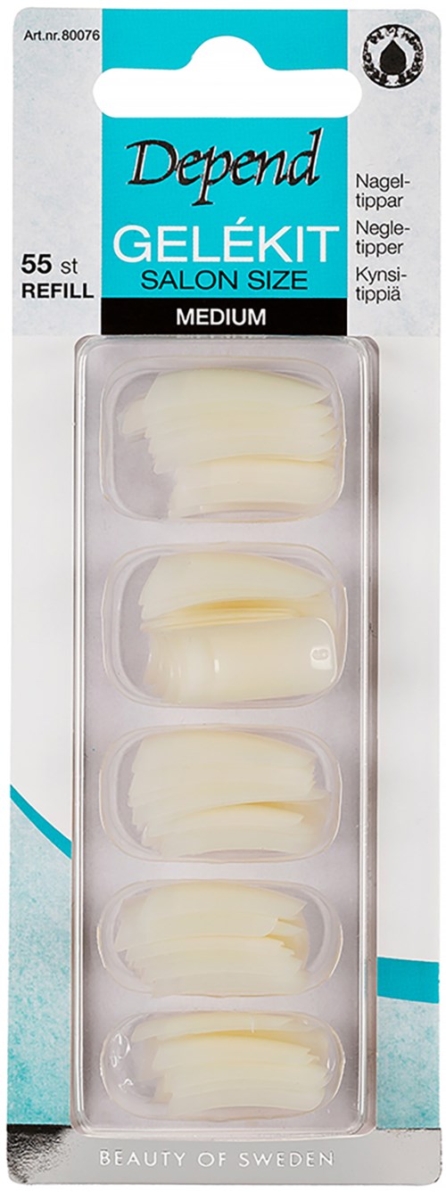 A pack of 55 artificial nail tips in a box, labeled 'Depend Gel' in blue and black, with some text in Finnish.