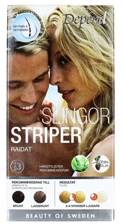 A hair dye package showing a smiling couple, with labels about hair color and ingredients, and a logo at the top.