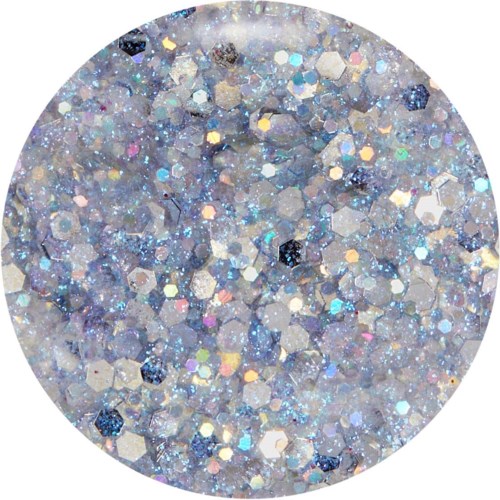 En rund behållare fylld med glittrande, färgglatt glitter eller konfetti. Den består av små, glänsande former i olika färger.
