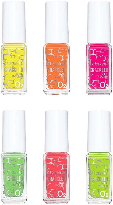 Sex flaskor med färggellack i gult, orange, rosa, grönt, rött och grönt. Varje flaska har en vit topp.